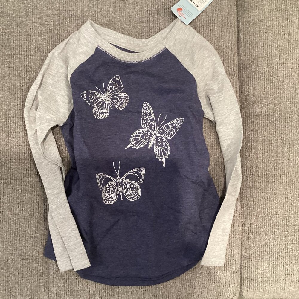 NWT Cat & Jack Blue & Grey Butterfly Long Sleeved T-Shirt, Size XS (4/5)